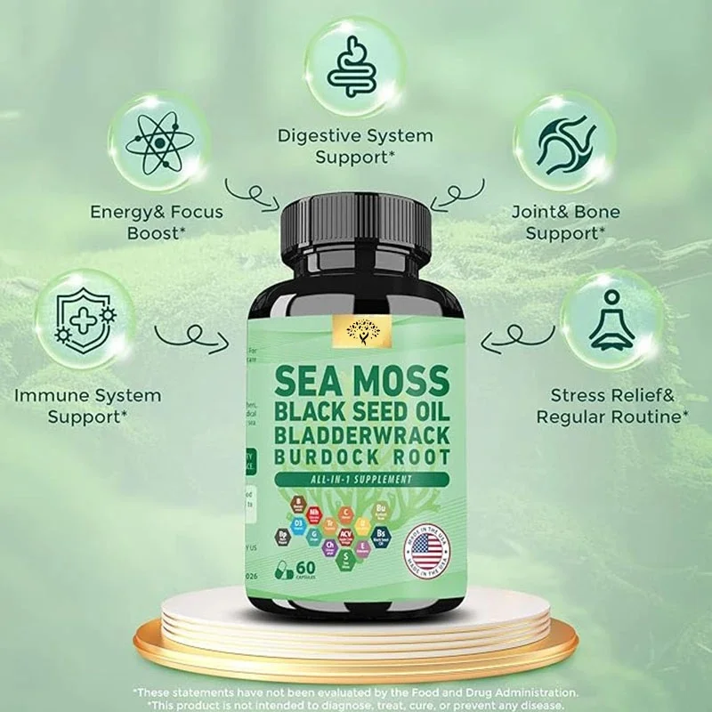 Organic Sea Moss Capsules For -with Black Seed Oil Bladderwrack Burdock Root Turmeric Vc Vd Elderberry Black Pepper Ginger