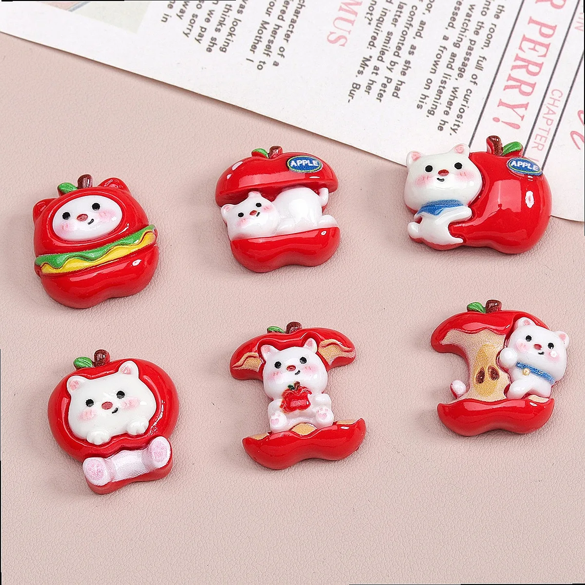 100pcs Kawaii Resin Flatback Cartoon Simulated Apple Animal Charms DIY Accessories Phone Case Hairpin Keychain Decor