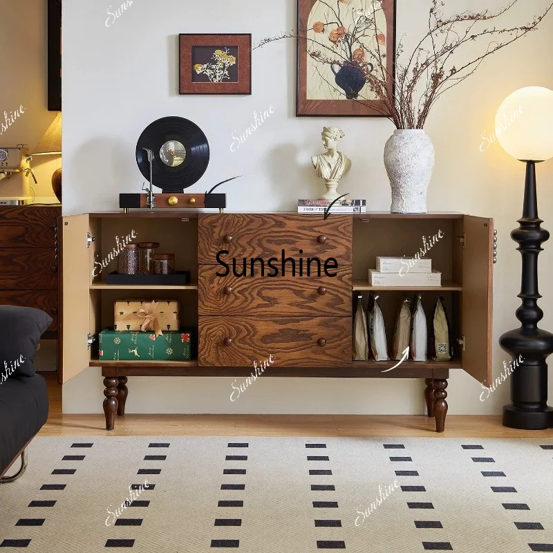 Medieval solid wood dining side cabinet, living room integrated wall cabinet