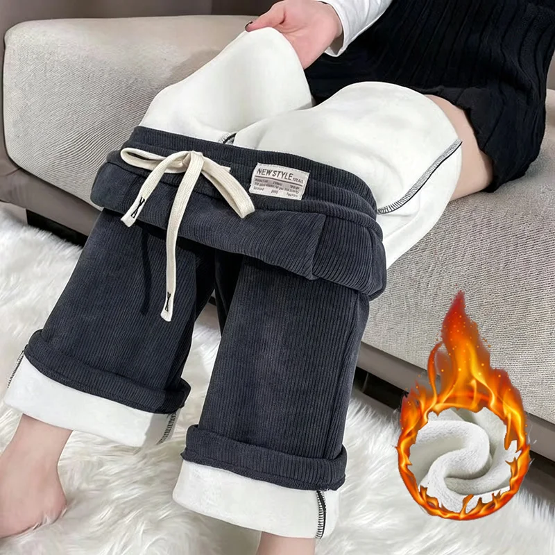 Winterliche Damen-Thermo-Samt-High-Waist-Hose, Mädchen-Mode, einfarbige, dünne Fleece-Hose, koreanische Designer-Hose mit geradem Bein für Damen