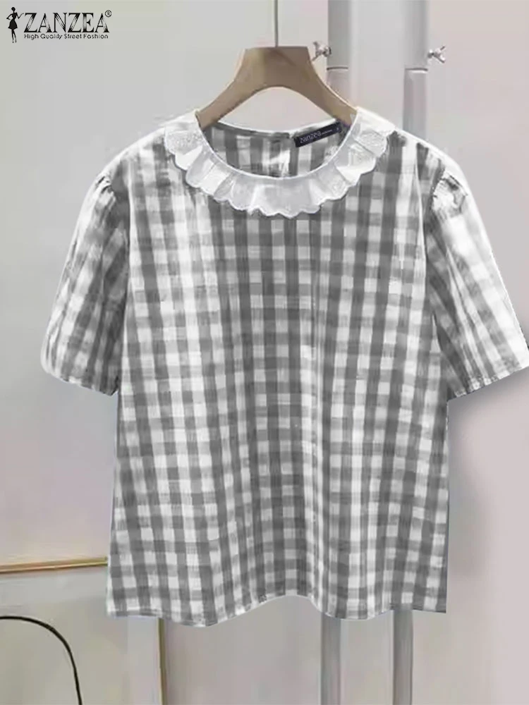 

ZANZEA Casual Loose Elegant Blusas Mujer Checked 2025 Summer Lace Peter-Pan Collar Plaid Blouses Woman Short Sleeve Smock Tops