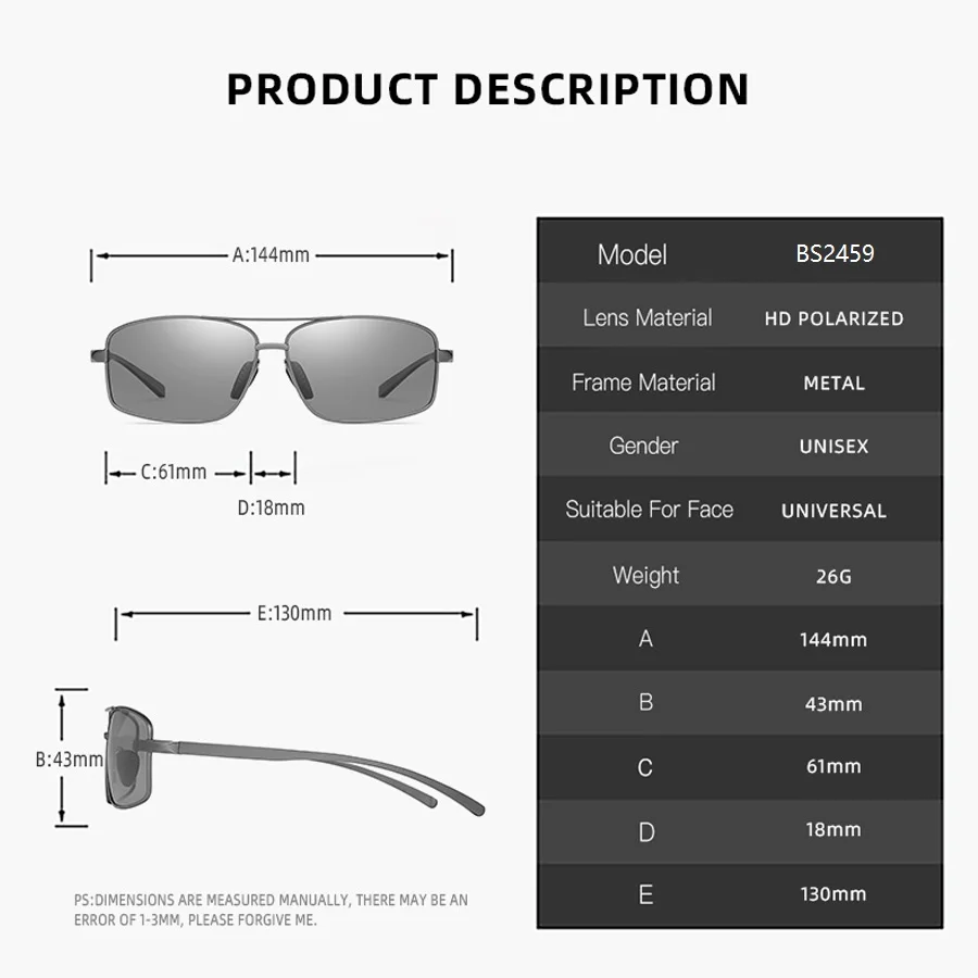 Occhiali da sole quadrati polarizzati fotocromatici vintage alla moda UV400 da uomo e da donna che guidano la pesca Occhiali di sicurezza da esterno pratici e alla moda