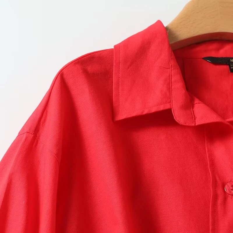 Maxdutti Red Loose Cotton Linen Blend Casual Tops French Minimalist Shirt Women Summer Short Sleeved Shirt