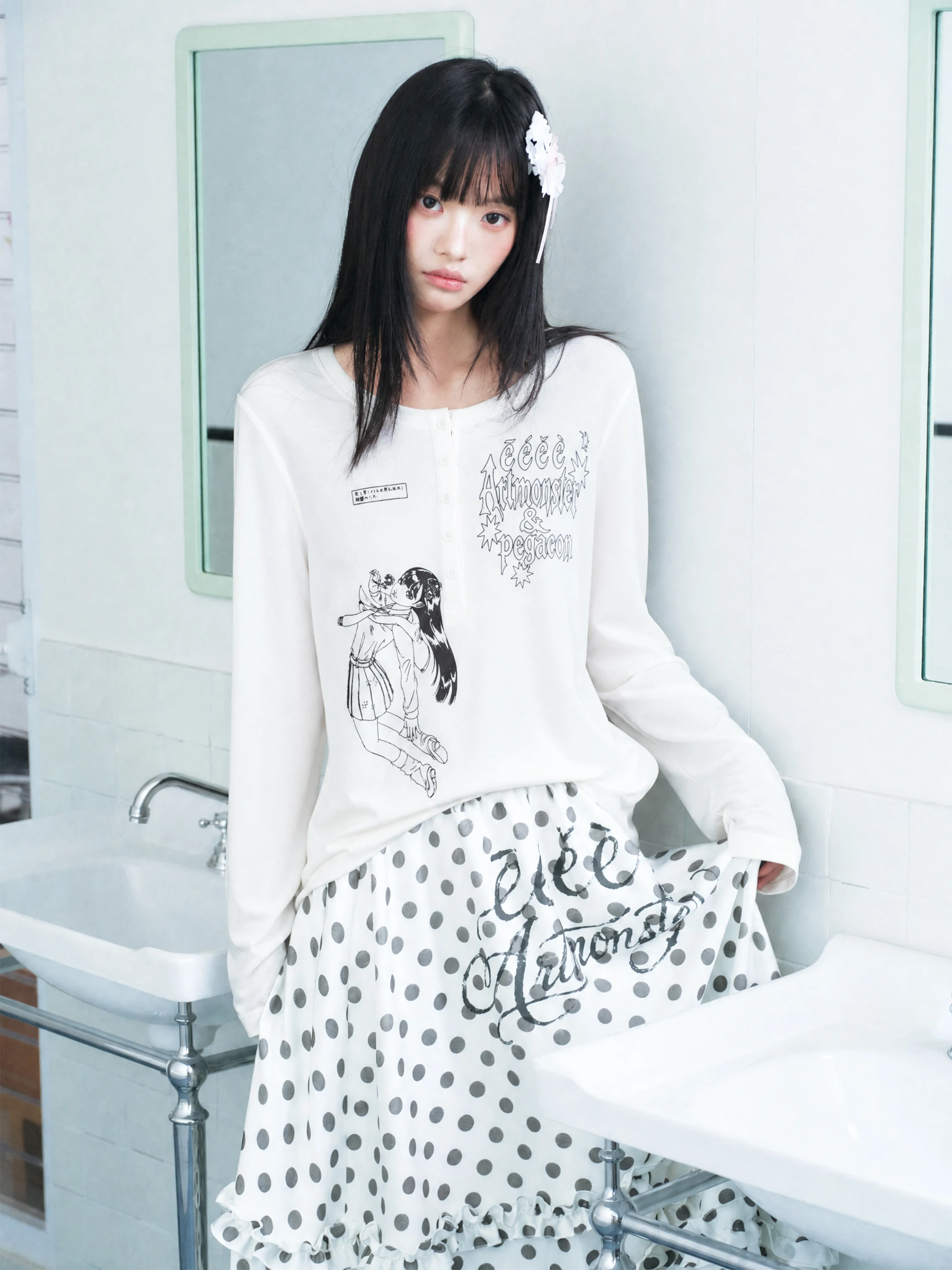 Korean Style Long Sleeve Printed Double Layer Mesh Cover up Fake Two-Piece Girl's Silhouette Design Autumn Season Fashion