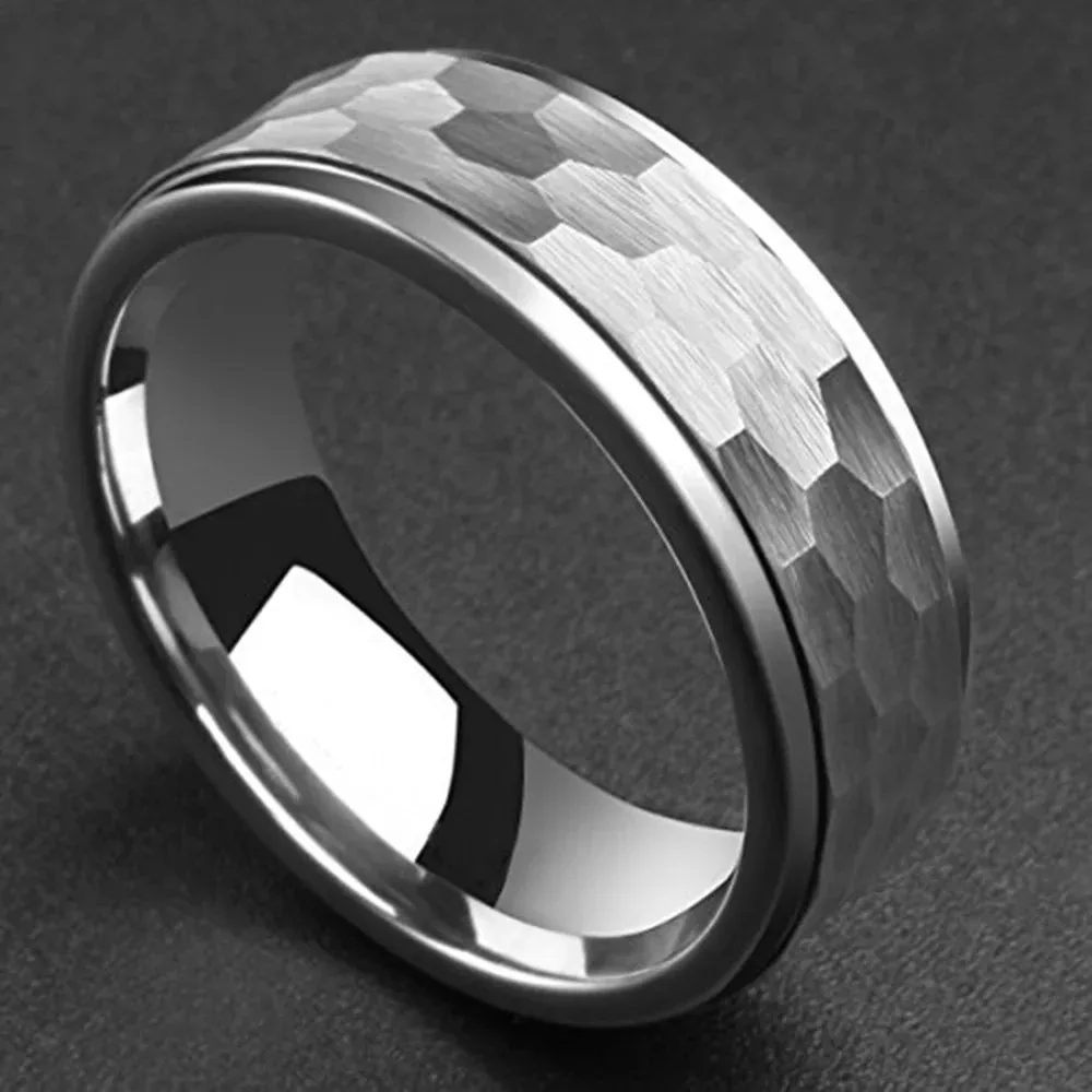 Fashion 8mm Silver Color Stainless Steel Rings For Men Hammered Hexagon Pattern Men Engagement Ring Anniversary Jewelry Gifts