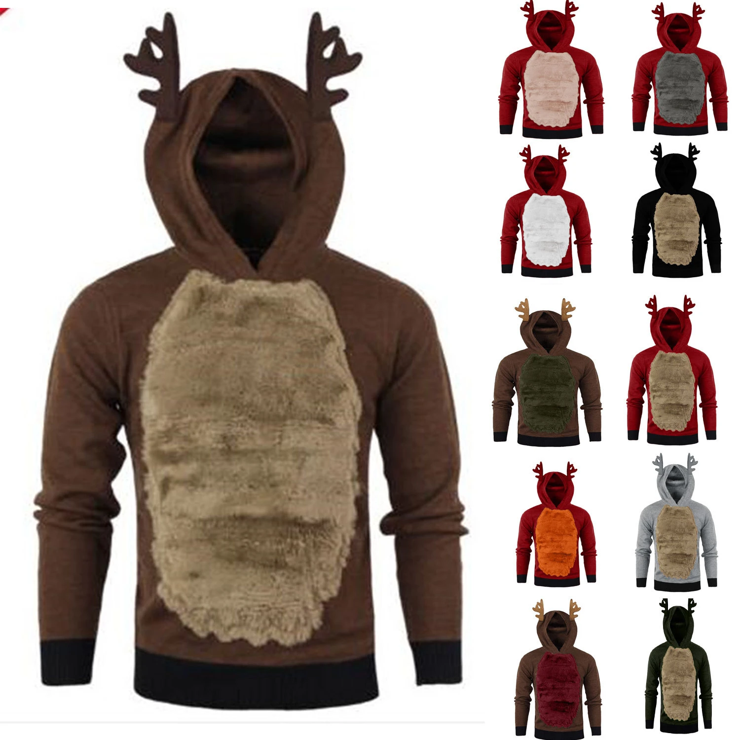 Autumn and Winter New Men's outerwear with plush Christmas antler hooded fur color matching sweater Cute festive atmosphere