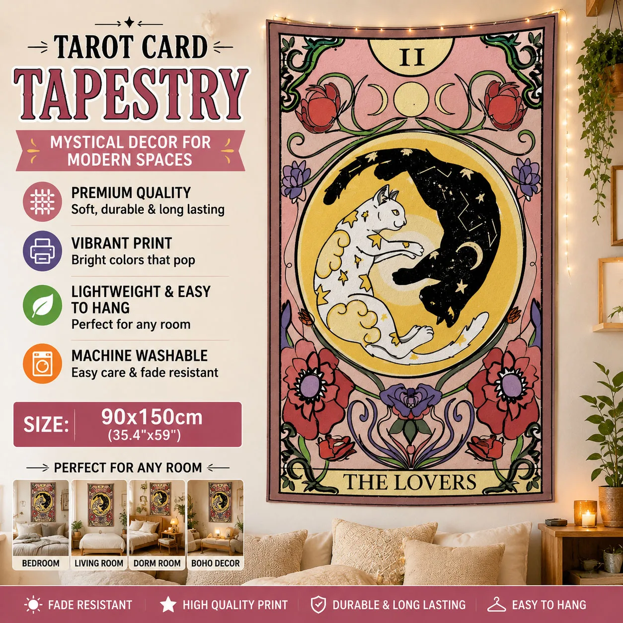 Yin Yang Cat The Lovers Tarot Card Tapestry Mystical Floral Moon Star Wall Hanging Boho Witchy Wall Art Decor for Bedroom Dorm