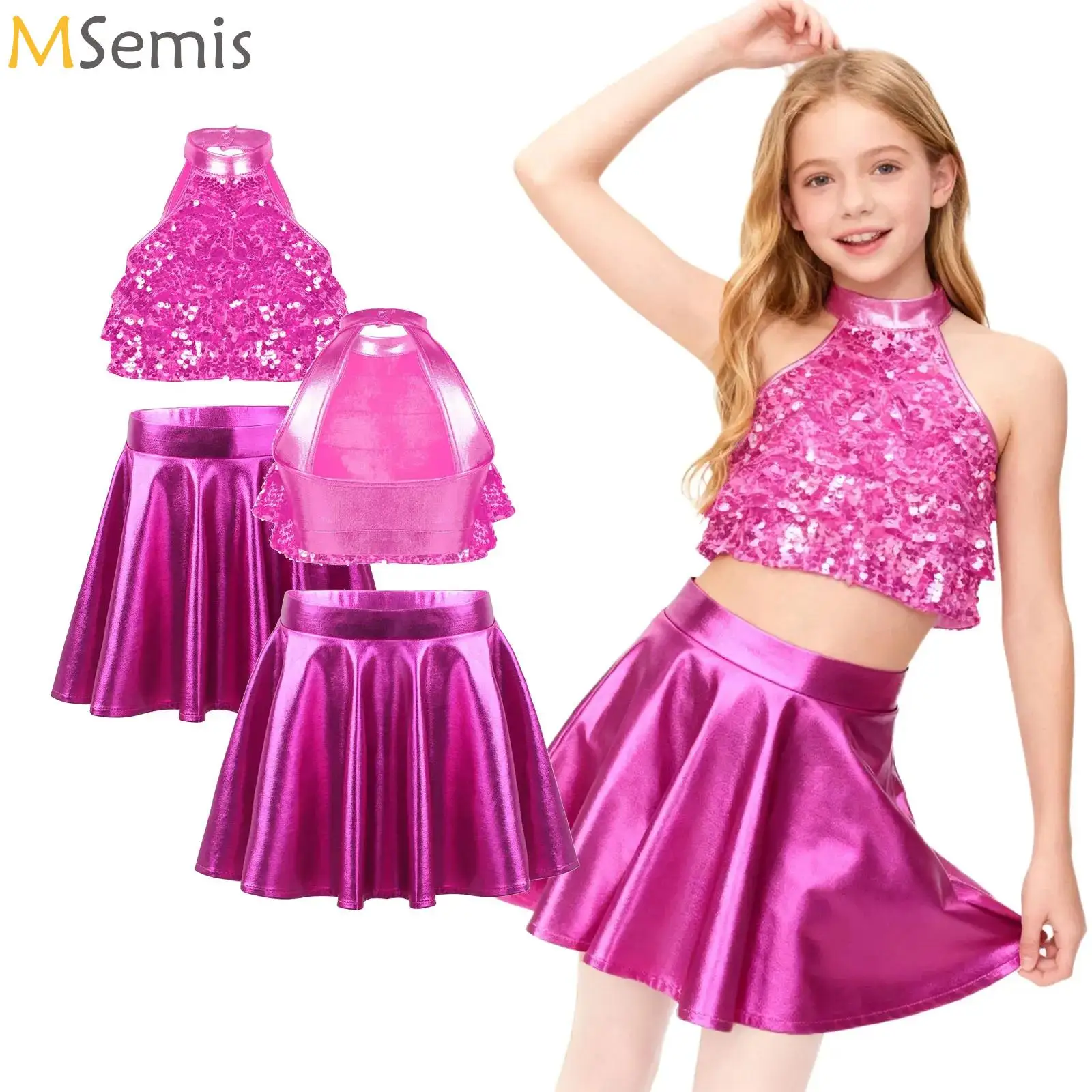 

Kids Girls Shiny Sequins Dancewear Set for Modern Jazz Latin Ballroom Dance Ballet Dress Stage Performance Dance Costume Outfits