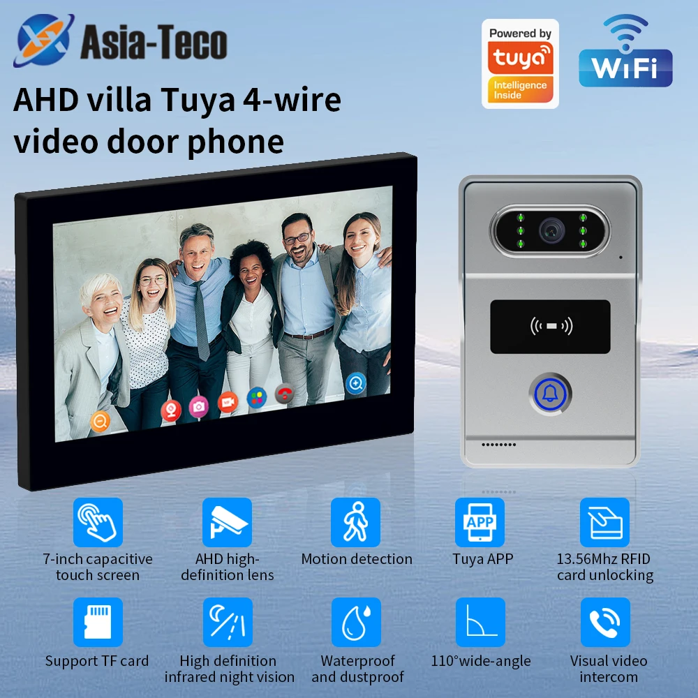 Sistema de videoportero digital de 4 hilos con monitor inalámbrico WIFI de 7 pulgadas y cámara de videoportero 1080P compatible con la aplicación Tuya