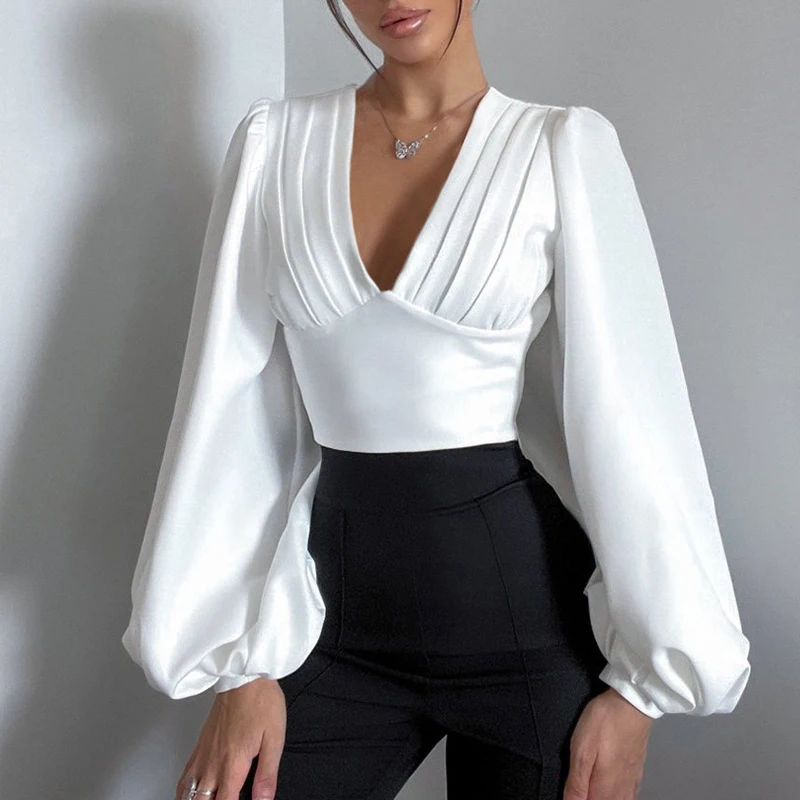 

Vintage Lantern Sleeve White Blouse Women Elegant Fashion Slim V-neck Short Shirts Women Office Lady Crop Tops Blusa Mujer 28688