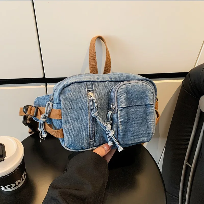 

Casual Denim Crossbody Bag For Women Fanny Waist Pack Simple Travel Phone Purse Large Canvas Waist Bag Banana Hip Belt Bag