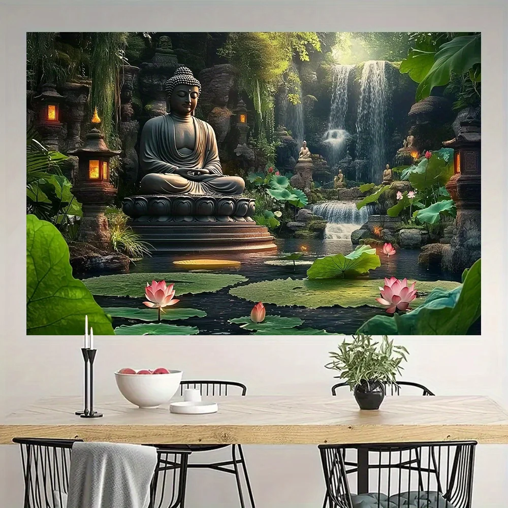 Zen Buddha Statue in Lotus Pond with Waterfall Wall Tapestry 2D Flat Print Spiritual Art Nature Decor Boho Style Home Interior