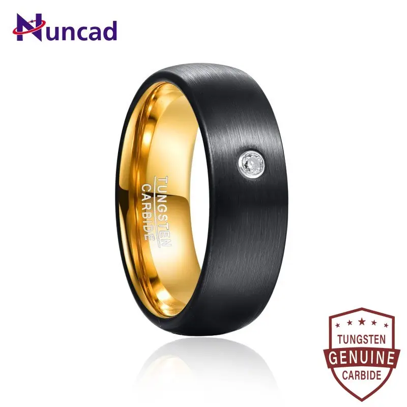 Nuncad Black Inner Gold Lasha Inlaid Stone Tungsten Carbide Wedding Rings For Men Polished Shiny Comfort Fit