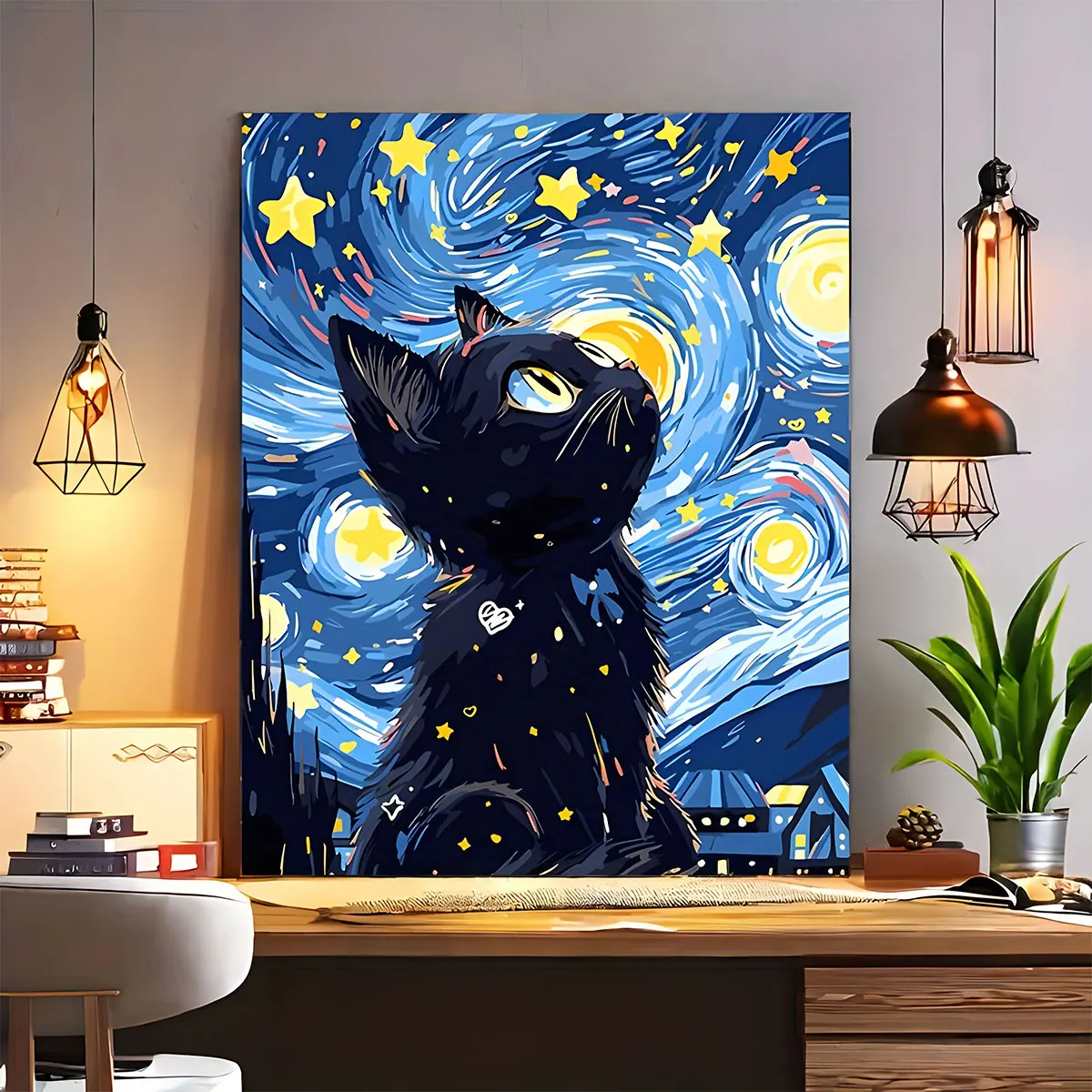 Professional Art Use Adult Paint by Numbers - Starry Night Sky Cat Canvas Art Kit, 16X20 Inch Acrylic Painting Set Including Brushes And Paints, Frameless Wall Decoration Craft, Perfect Gift for Birthdays, Father'S Day, Christmas, And Mother'S Day