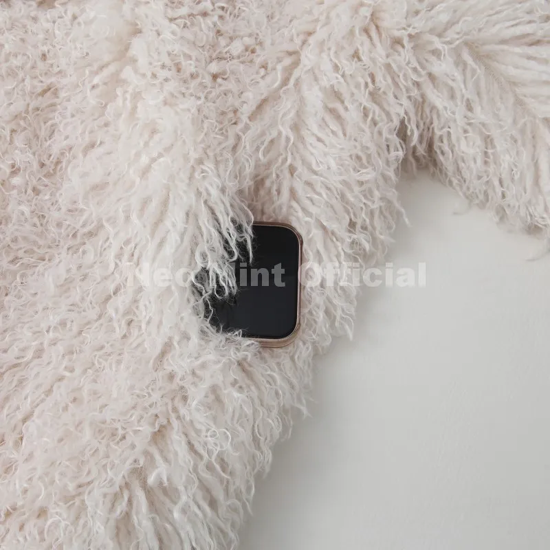 Neo Mint Winter 2025 Trend Burgundy Obsession Long Faux Mongolia Sheep Fur Jacket Coat Women Chic Lapel Collar Fluffy Overcoat