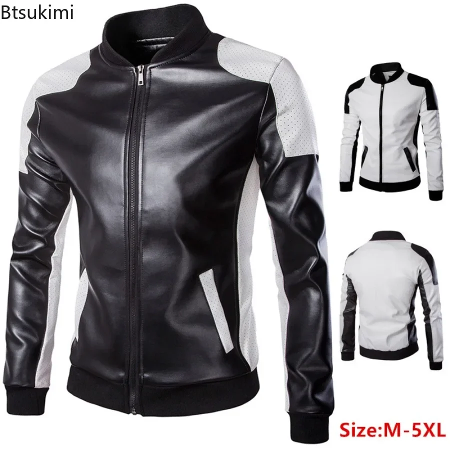 2024 Men's Leather Jacket Windproof Breath Colorblock PU Leather Coats Fashion Casual Sports Men Motorcycle Jacket Plus Size 5XL