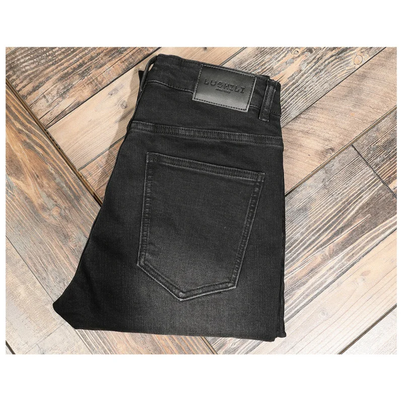 

High end black jeans for men, trendy brand, fashionable street ruff, handsome, ripped hole patch, elastic slim fit, short leg pa