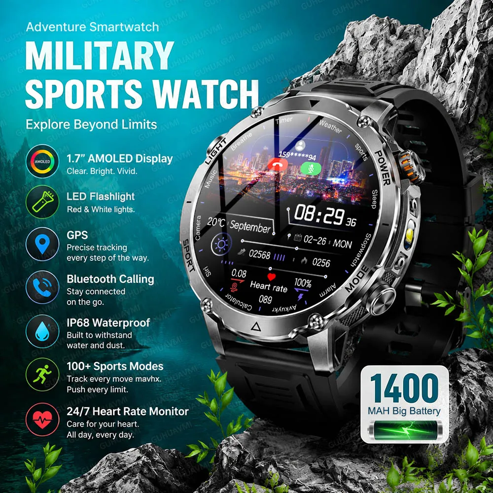 

New 1400mAh Ultra Big Battery Smart Watch GPS path Waterproof Swim Sport Run tracker Outdoors Flashlight Military Smartwatch Men