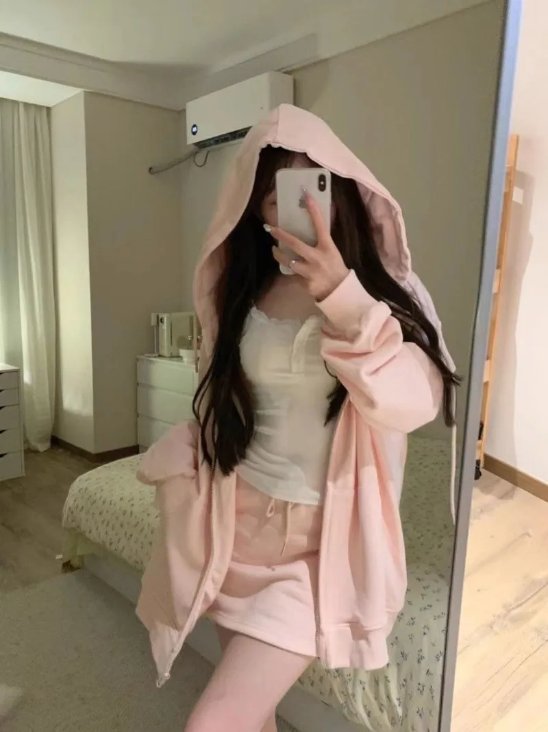 Korean College Hooded Hoodie Lace Sling Skirt Three Piece Set Women Fashion Temperament Drawstring Sweet Solid Loose Spring Suit