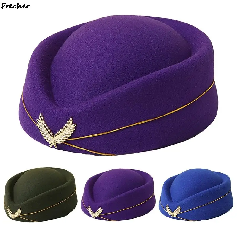 Women Flight Attendant Uniform Hats Cosplay Airline Stewardess Hat Wool Felt Caps Formal Office Hostess Beret Caps Headwear