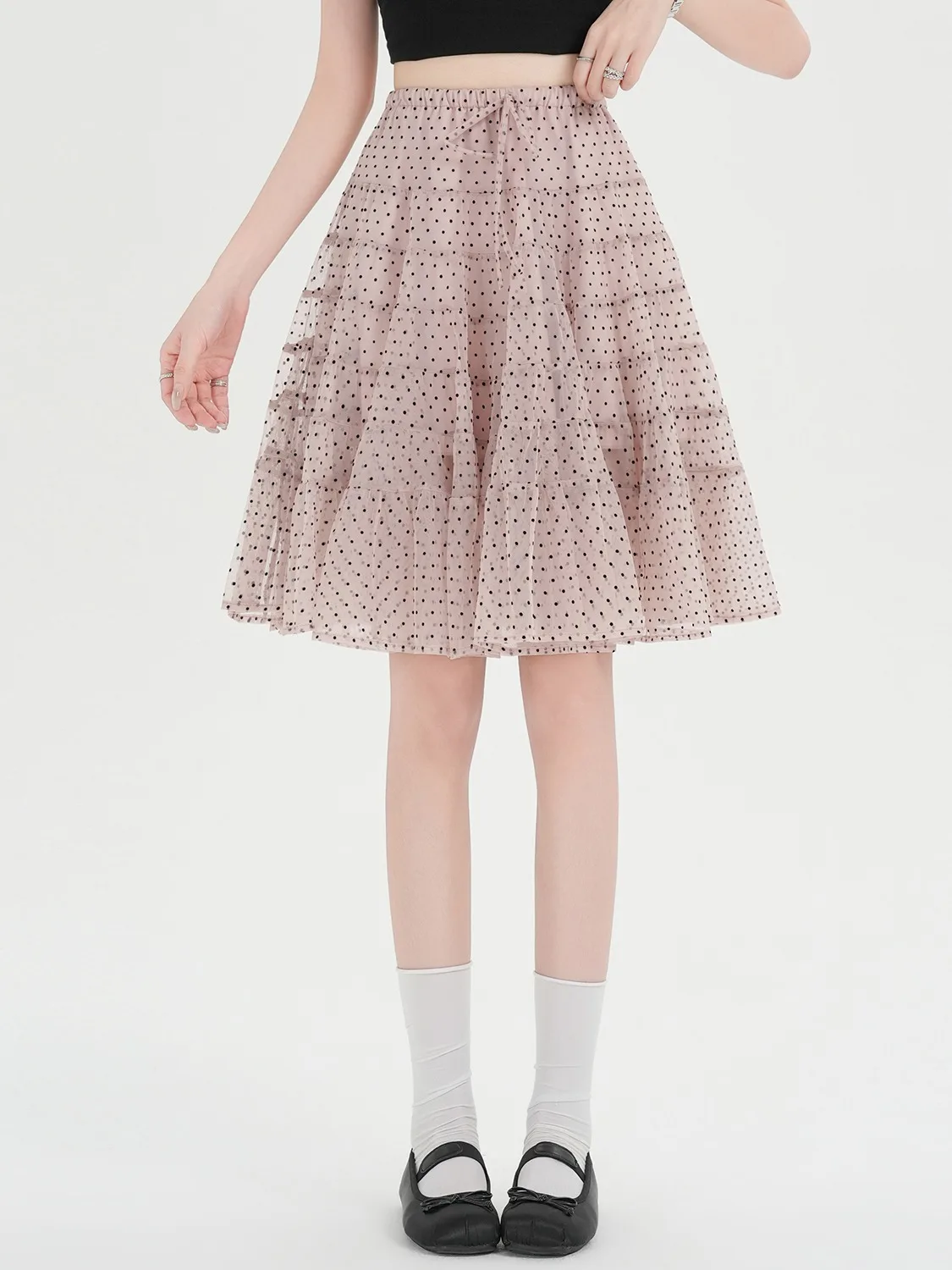 

Нежно-розовая юбка-полусолнце в горошек из сетки, женская, с завышенной талией, приталенная, А-силуэт, повседневный стиль, удобная, из полиэфирного волокна