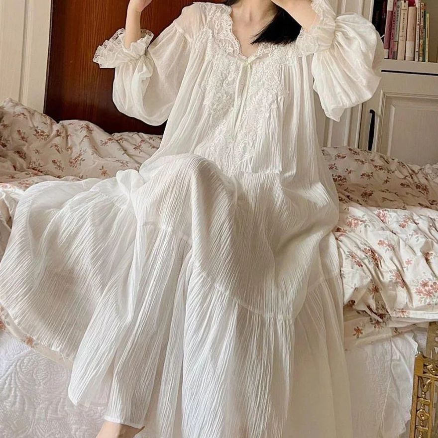 Retro Hepburn Style Long Nightgown for Women Spring and Autumn New Fairy Princess Style Sleepwear Long Sleeved Home Wear