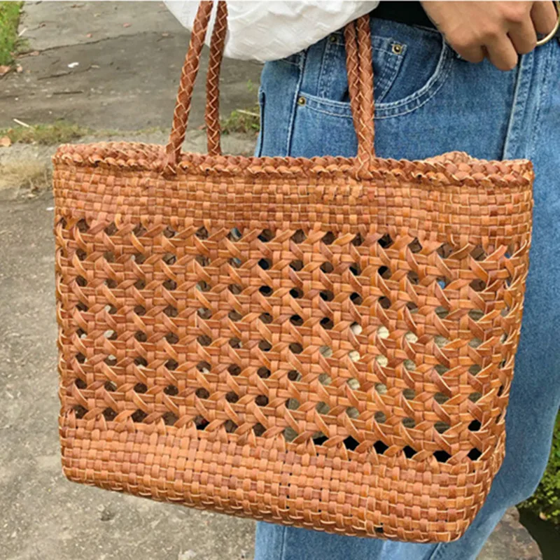 Designer woven tote shopper bag women genuine leather cowskin basket handbag female hollow out bucket bag 2022 summer new