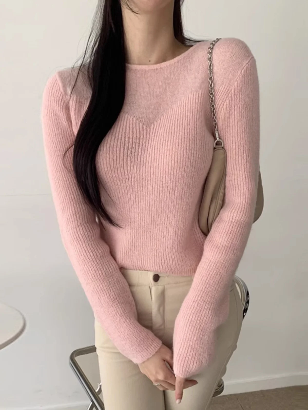 Slim Fit Knitted Sweater Women's Base Layer Chic Design Sense Splice Anti-Aging Knitwear Korean Sle Commute Pure Color