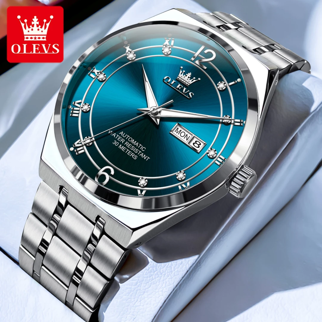 

OLEVS 7068, модные механические часы, подарок, ремешок для часов из нержавеющей стали, наручные часы с круглым циферблатом, дисплей недели, светящийся календарь