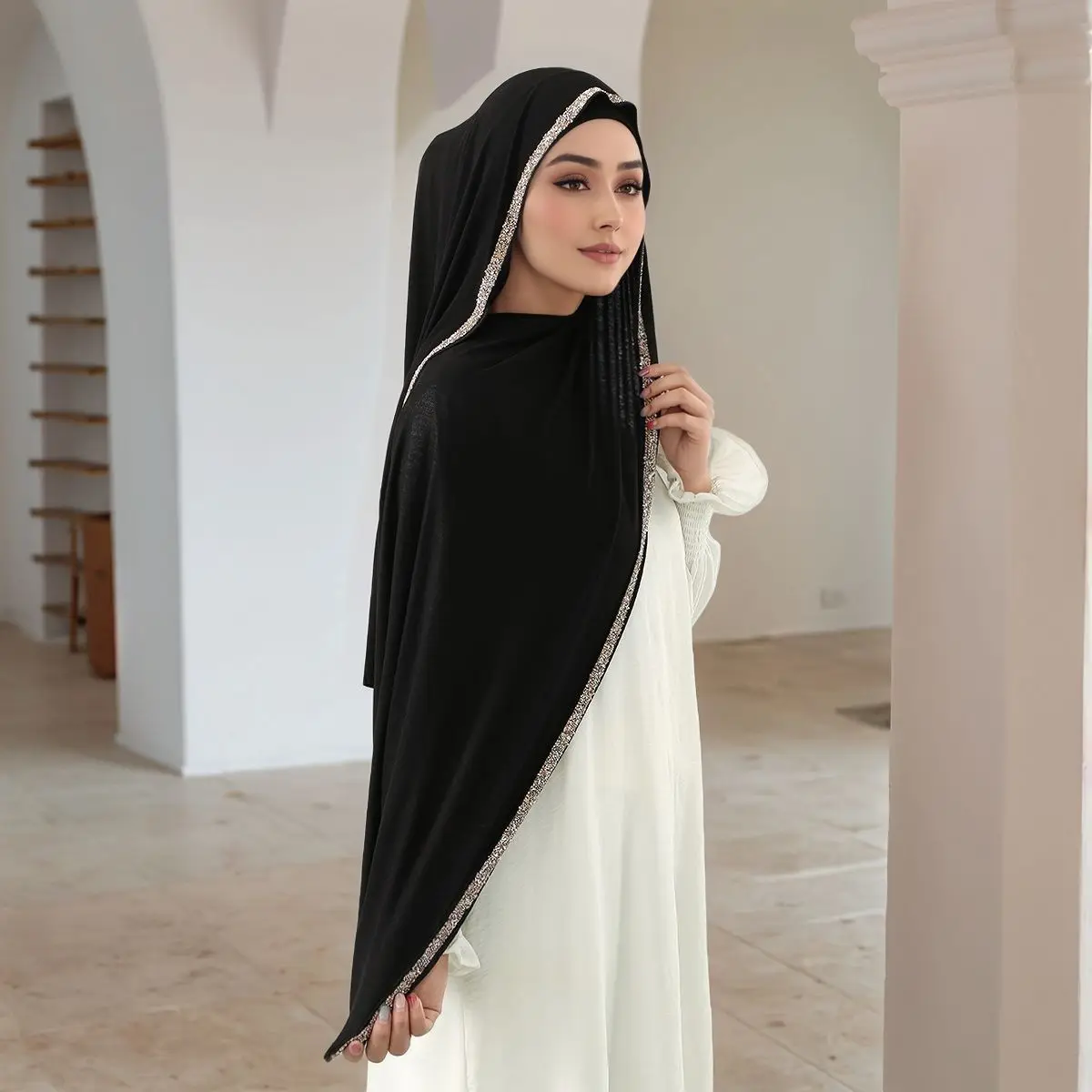 Scialle hijab musulmano Materiale chiffon Sciarpa 2 in 1 Mantello Donna Abbigliamento quotidiano Gite casual Copertura modesta Leggero Traspirante Morbido