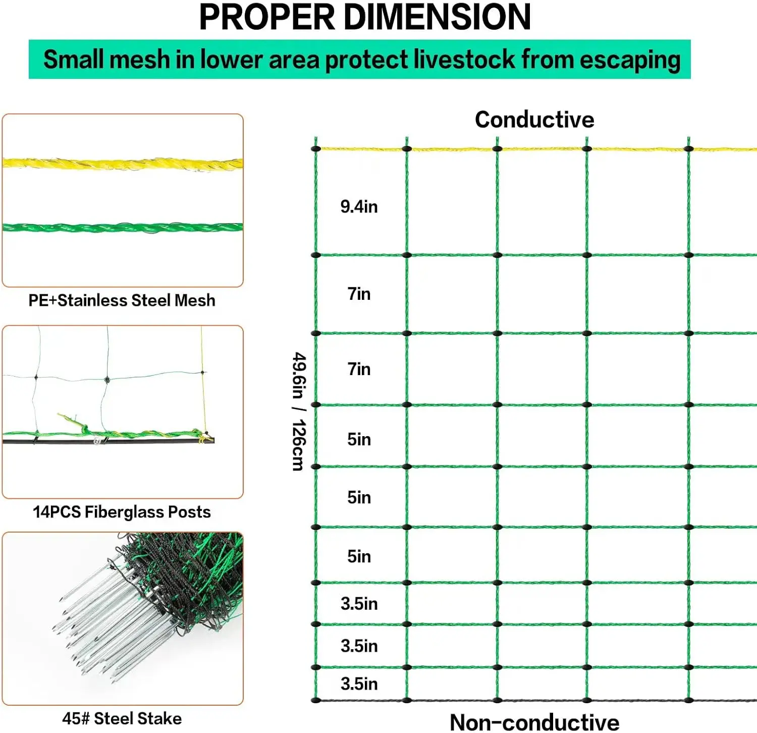 Electric Fence Netting 49.6" H x 164' L, PE Mesh Kit with Posts for Sheep Goats Deer Dogs