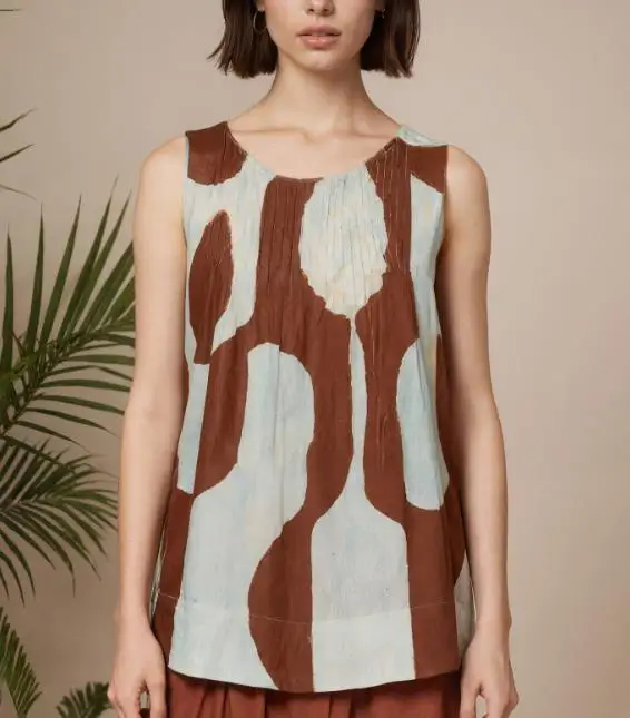 

Loose Women's Vest with Summer Geometric Color Blocking Print Pleated Design Round Neck Casual Minimalist Sleeveless Vest