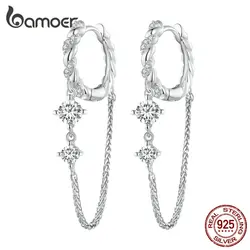 Bamoer 925 Sterling Silver Exquisite Tassel Ear Buckle for Women Crystal Tassel Pendant Hoop Earrings Anniversary Jewelry