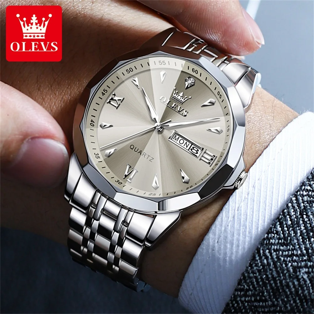 OLEVS 9998 Top Luxury Quartz Watch for Men Solid Steel Strap Rhombus Mirror Diamond Scale Men's Wristwatches Auto Date Man Watch