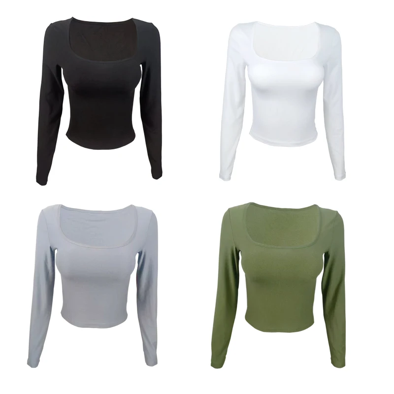 Long Sleeve T-shirt Slim Tops Sexy Woman Clothing Square-Cut Collar Close-fitting Tee Shirt Street Wear Fall 2025 New 2523 image 3