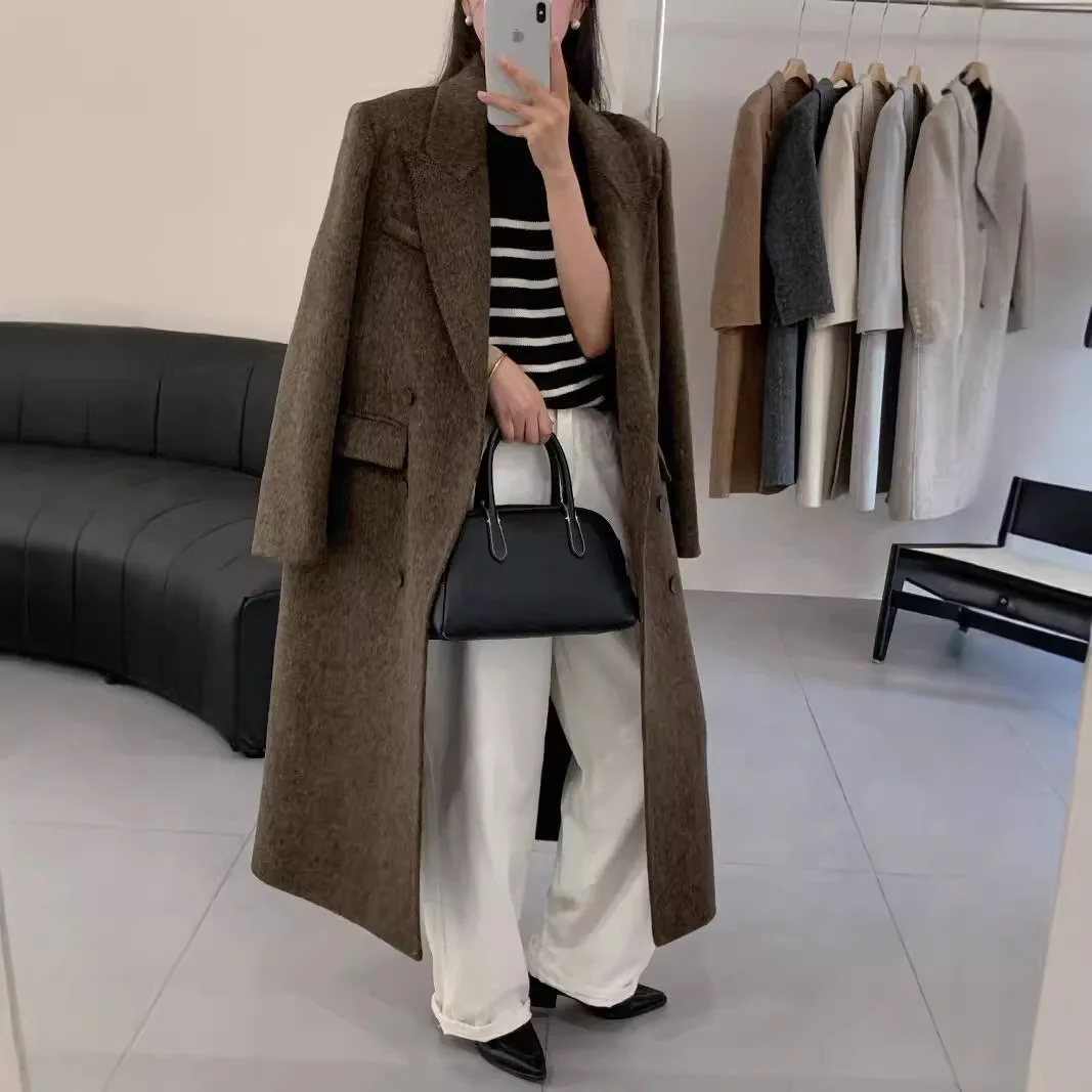 UMI MAO Jesień Zima Nowy Płaszcz Wełniany Za Kolano, Dopasowany, Elegancki, Długi, Wzór Rybiej Ości, Dwustronny, Damska Kurtka