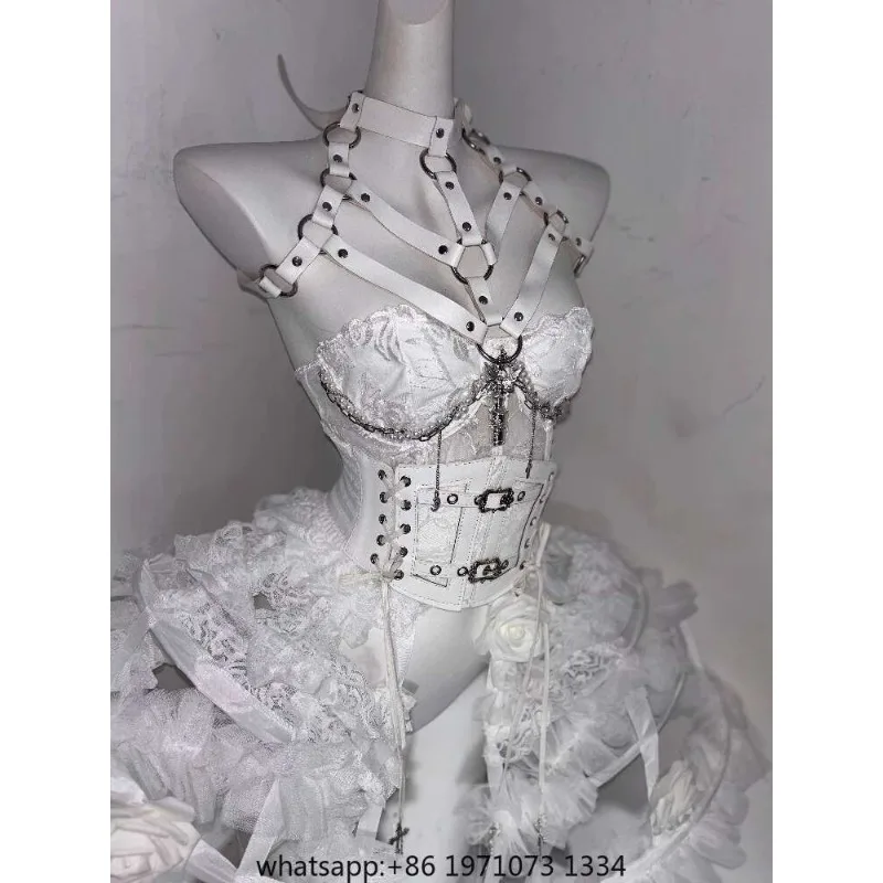 Lolita Costume Flower Bone Heavy Craft Handmade Pure White Gothic Dark Lace-up Waist Corset Fishbone Bustier Corset Top