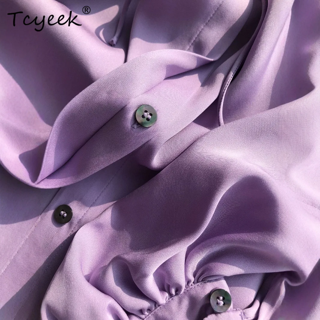 Tcyeek, elegancka koszula damska, długi rękaw typu latarnia, luźna bluzka codzienna, 95% jedwab, 5% spandex, kolekcja wiosna-jesień 2024 T4N932JC