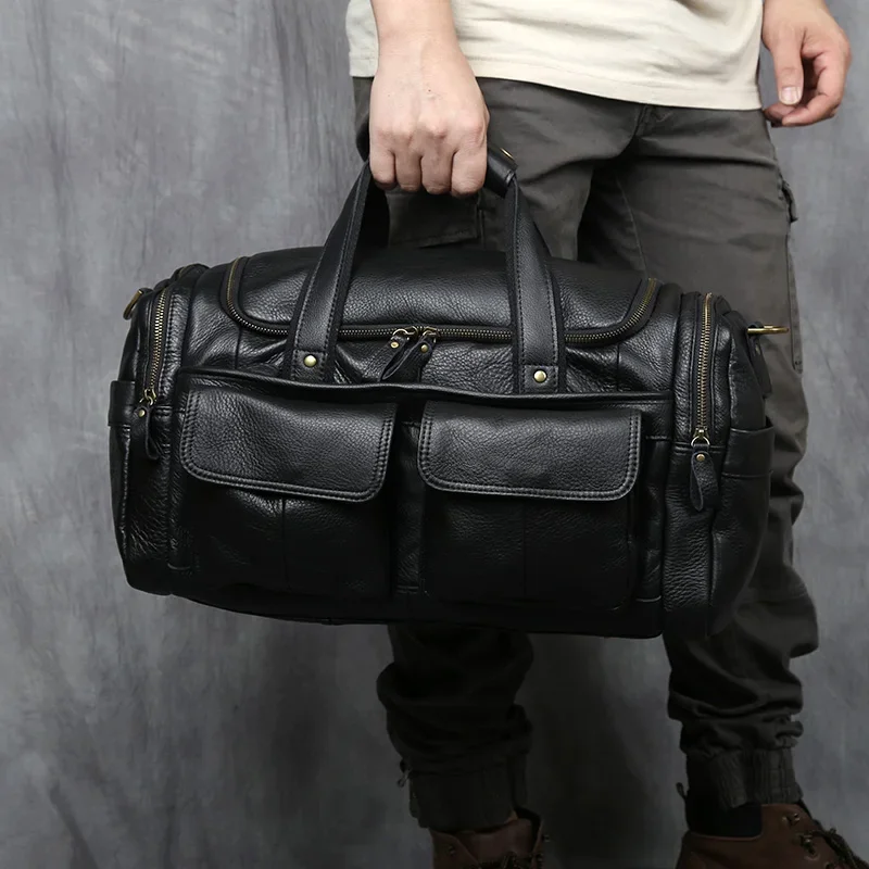 الرجعية حقيبة يد جلدية حقيقية سوداء فاخرة للرجال السفر سعة كبيرة حقائب اليد الرياضية عادية حقيبة الكتف الأمتعة #1