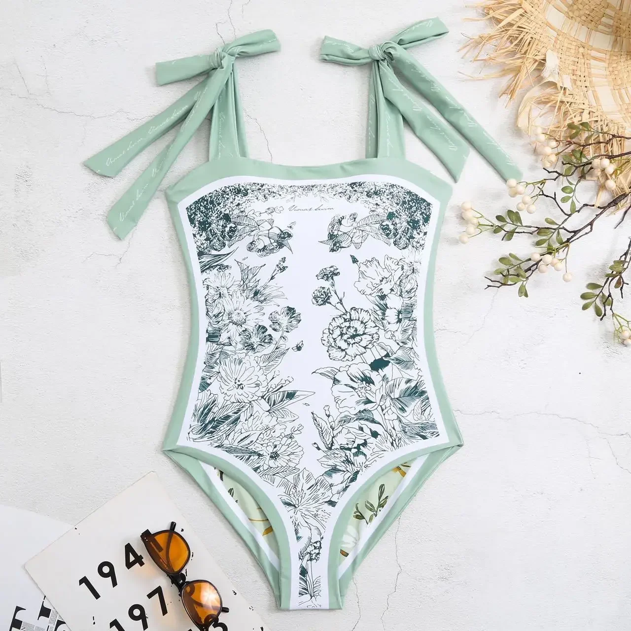 New Vintage Printed Double-sided Wear One Piece Swimsuit Swimwear Bandage Swimming Bathing Suit Women Sexy Beachwear Woman