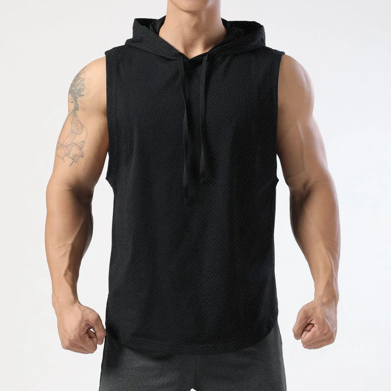 Sleeveless Running Vest Men Shirt with Hat Solid Color Cool Sleeveless Shirt Hooded Sweat Shirt Outdoor Gym Cycling Sports Wear