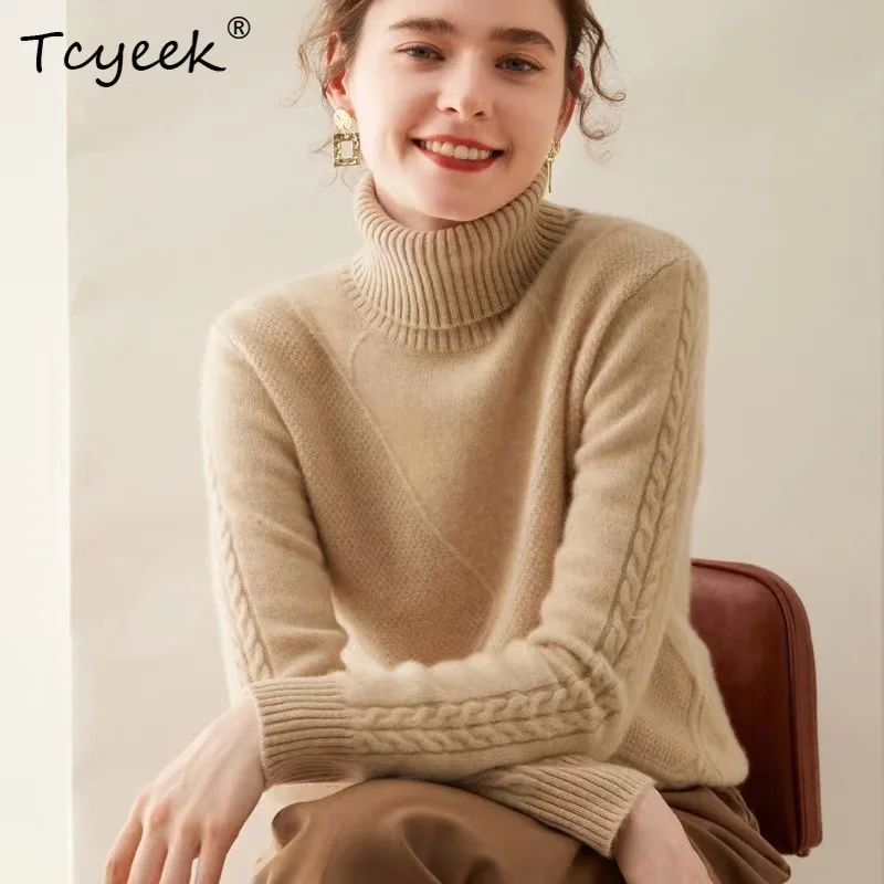 

Tcyeek, 7G 35% Cashmere 65% Wool Jacket, Women's High Neck Diamond Temperament Style, 2024 Autumn And Winter New Top T48008KE