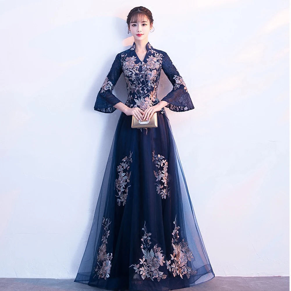 Navy Blue Women's Elegant Evening Dress Half Flare Sleeves Slim Fit A-Line Party Vestido Stand Collar Chinese Style Prom Gown