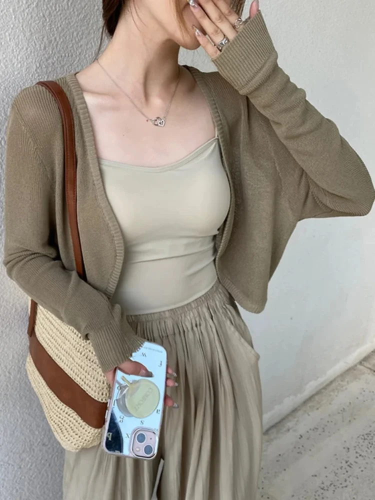 

Thin White Cardigan Women Summer Sunscreen Lace-up Knitwear Tops Lady Korean Style Casual Long Sleeve Short Sun Protected Top