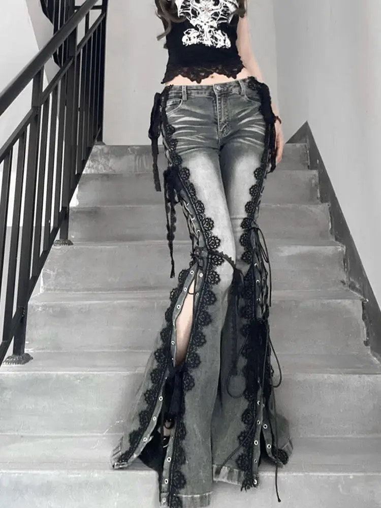 American Vintage Y2k Lace Strap Split Denim Pants Straight Loose Wide Leg Pants 2025 Summer New Bell Bottom Jeans For Women