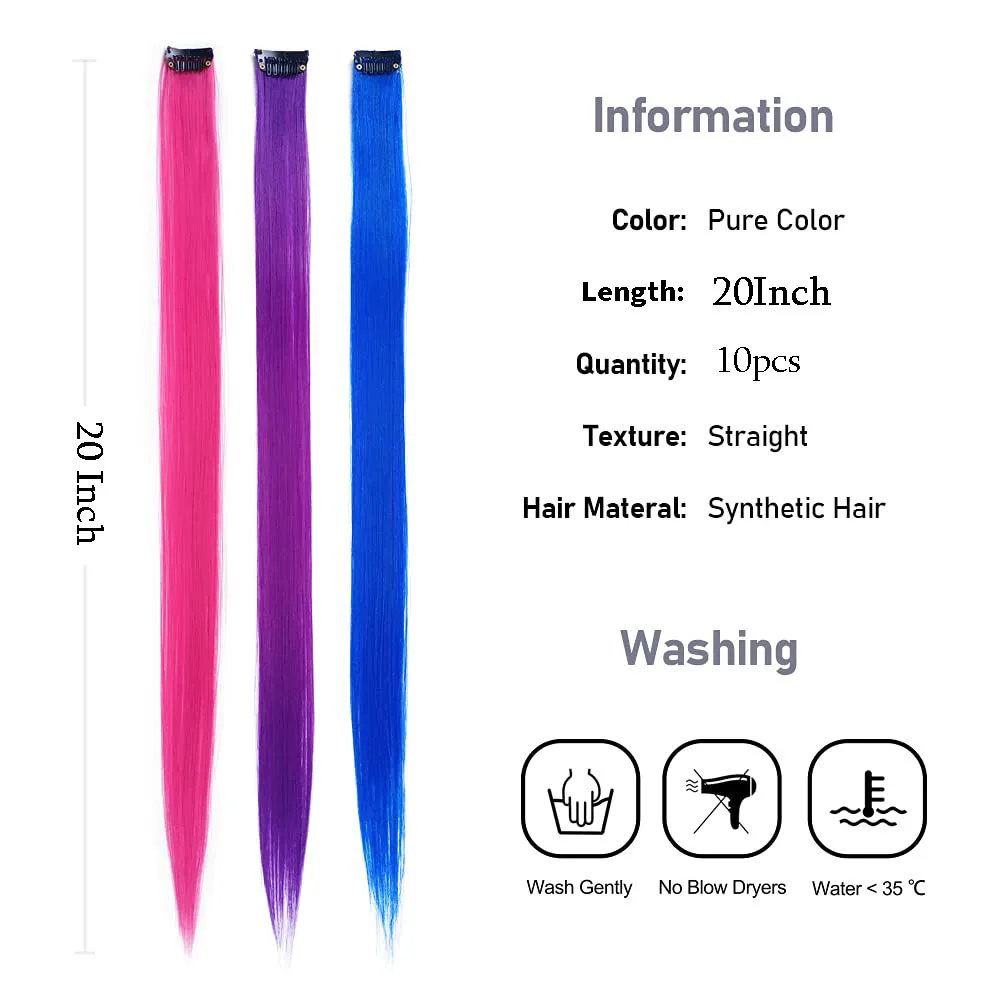 10Pcs Clip In Hair Extensions 20Inch Colored Hair Extensions Party Highlights Long Straight Synthetic Hairpieces For Women Girls