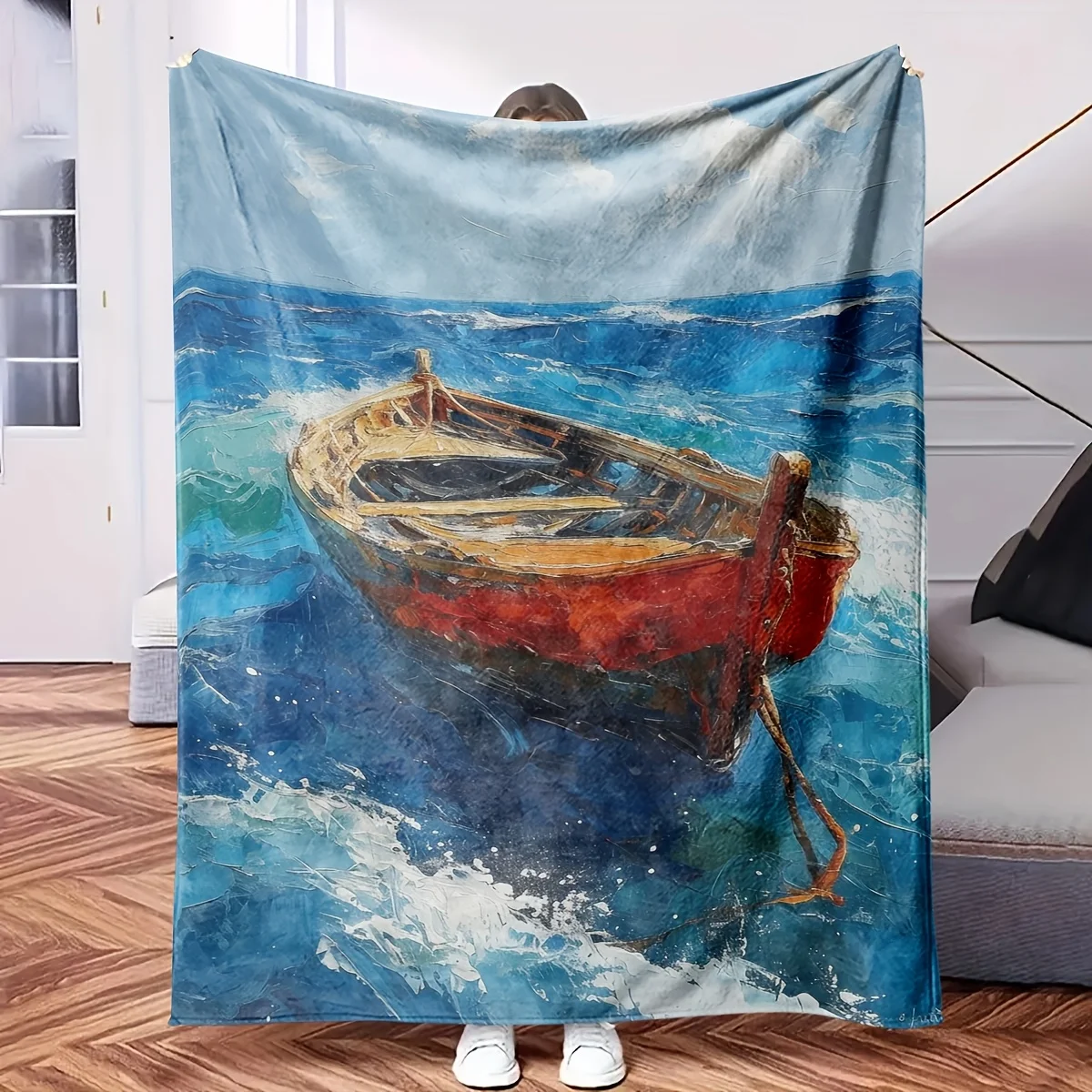 Nautical Seascape Boat Painting Throw Blanket Coastal Ocean Art Nap Throw Decorative Indoor Outdoor Home Decor Gift
