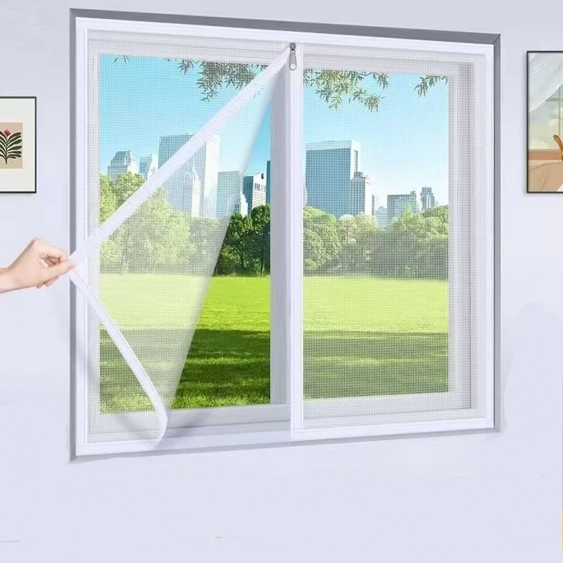 Self-adhesive window mosquito net screen with zipper, keeps mosquitoes and flies out in summer, white, non-customizable size