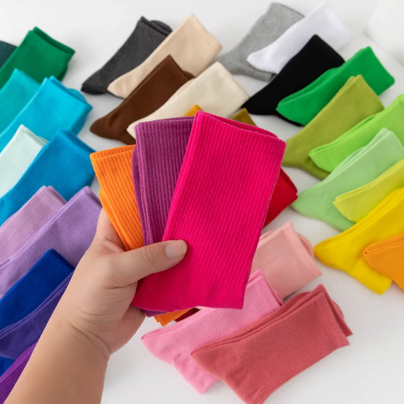 1 Pairs Women's Socks Four Seasons Colorful Middle Tube Cotton Breathable Sock High Quality Solid Color Comfortable Home Socks #