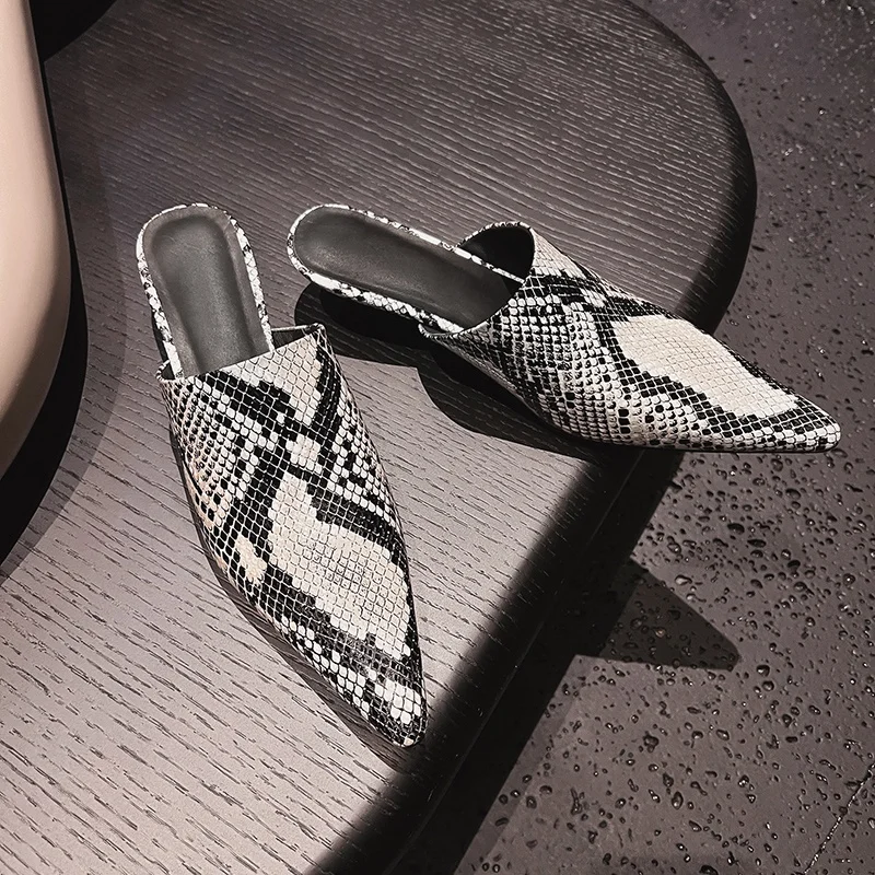 2026 New Mueller Slippers Genuine Leather Women Shoes Sexy Pointed Toe Summer Shoes Ladies Snake Pattern Black White Party Shoes